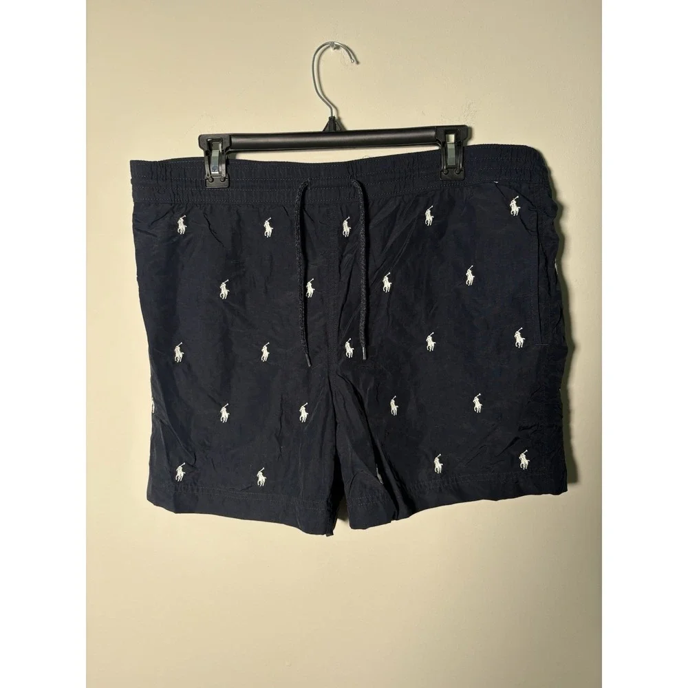 VTG Polo Ralph Lauren Swim Trunks Small Navy Blue All Over Pony Print Mesh Lined